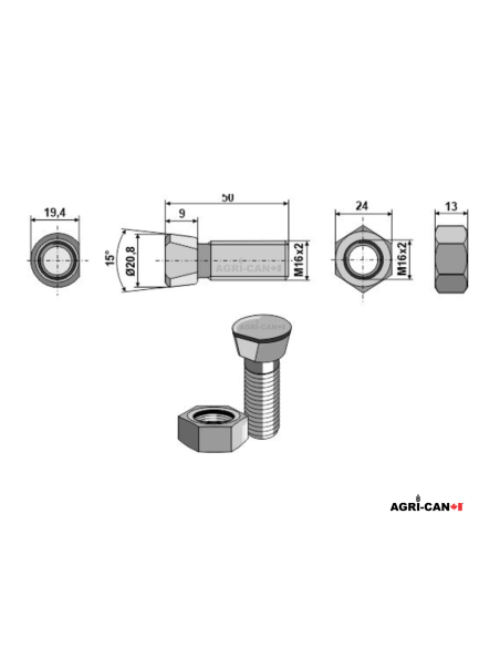 M16X50 - Boulons à tête clipsée 1 côté (Pqt de 10)